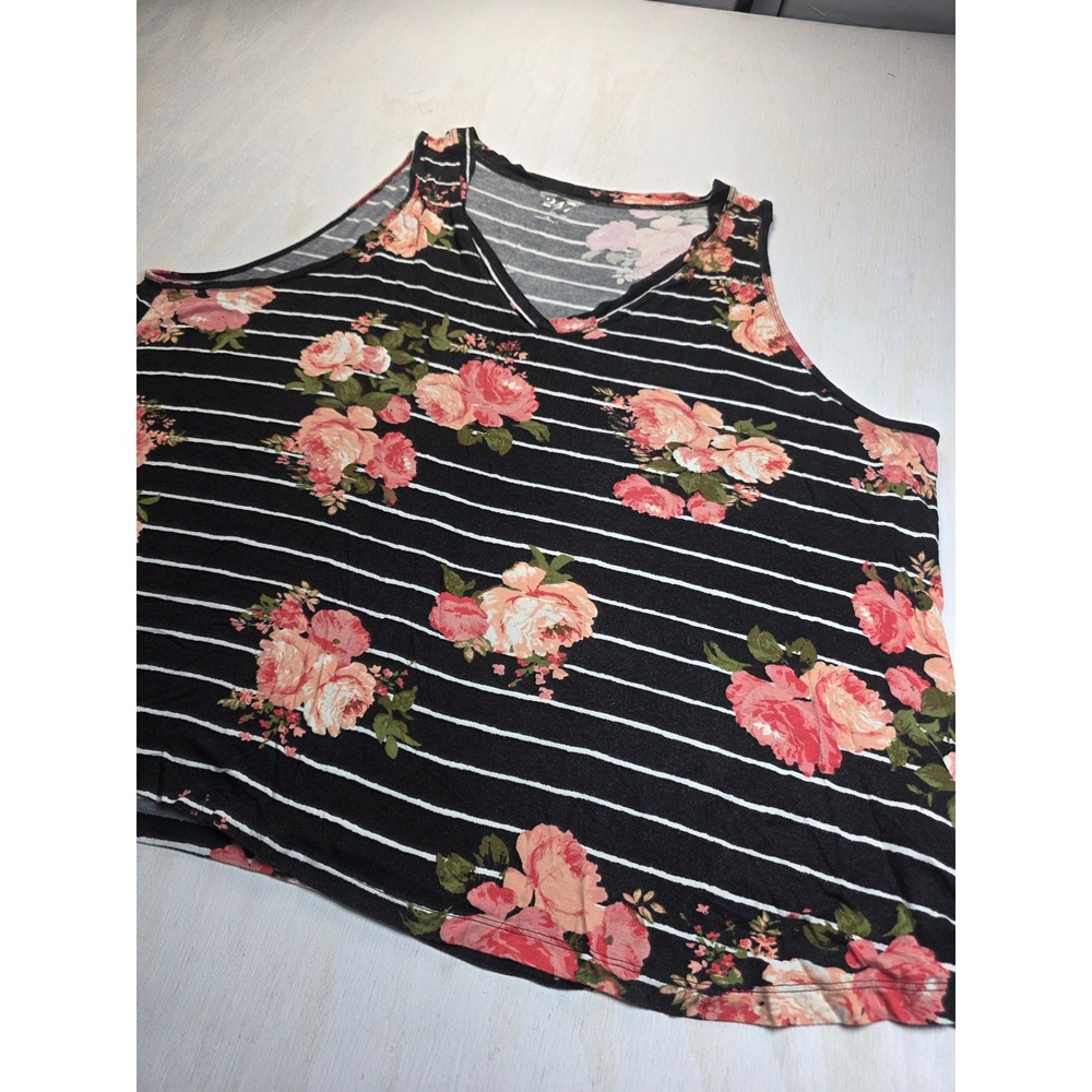 24/7 by Maurices Floral Striped Tank Top Womens 4X Black Pink V-Neck Boho Tank